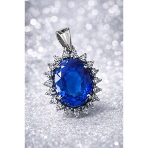 Sterling Silver Blue Sapphire Halo Pendant Vintage Estate